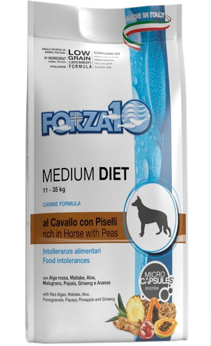 

Forza10 Dog Medium Diet Low Grain монобелковый низкозерновой для взрослых собак средних пород при аллергии с кониной и горохом (1,5 кг)