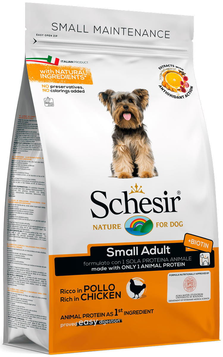 

Schesir Dog Small Adult монобелковый для взрослых собак маленьких пород с курицей (0,8 кг)