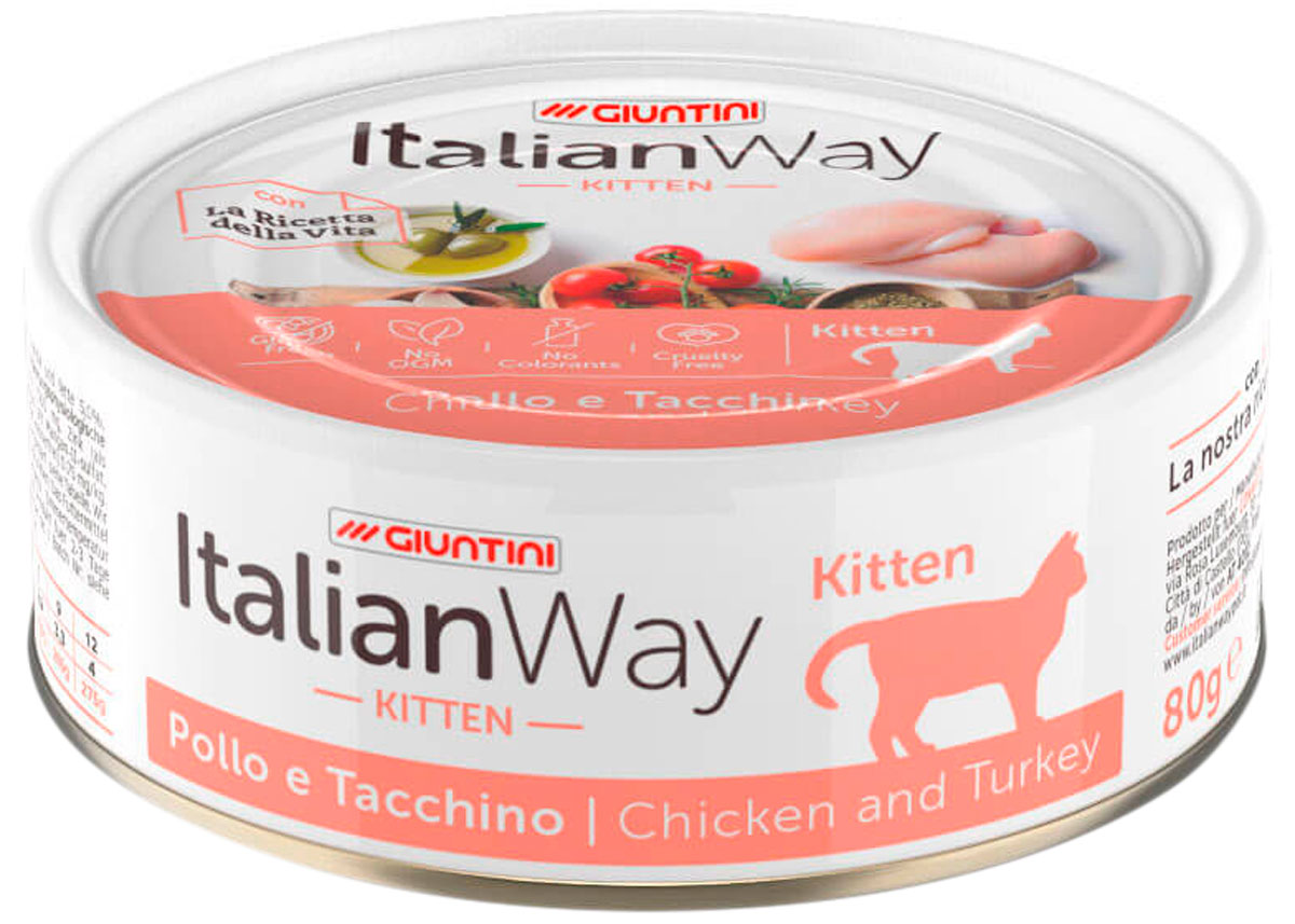 

Italian Way Kitten безглютеновые для котят с курицей и индейкой (80 гр х 24 шт)
