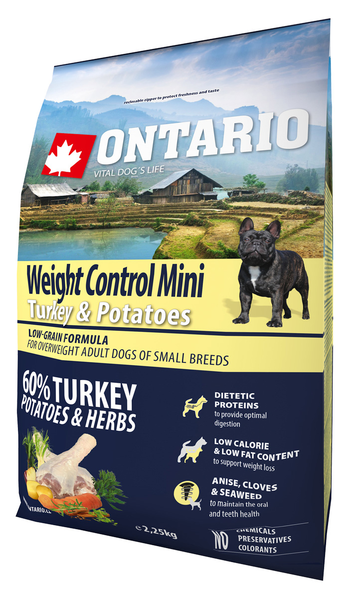 

Ontario Dog Adult Mini Weight Control Turkey & Potatoes низкозерновой диетический для взрослых собак маленьких пород с индейкой и картофелем (2,25 кг)