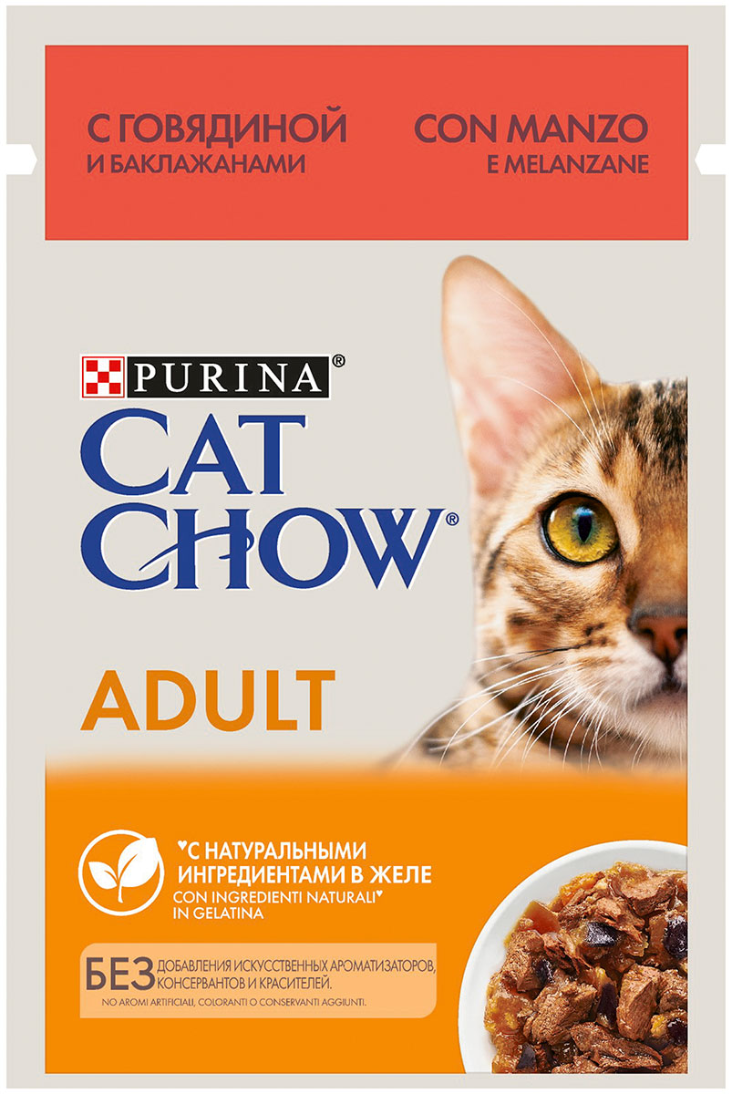 

Cat Chow для взрослых кошек с говядиной и баклажанами в желе (85 гр х 26 шт)