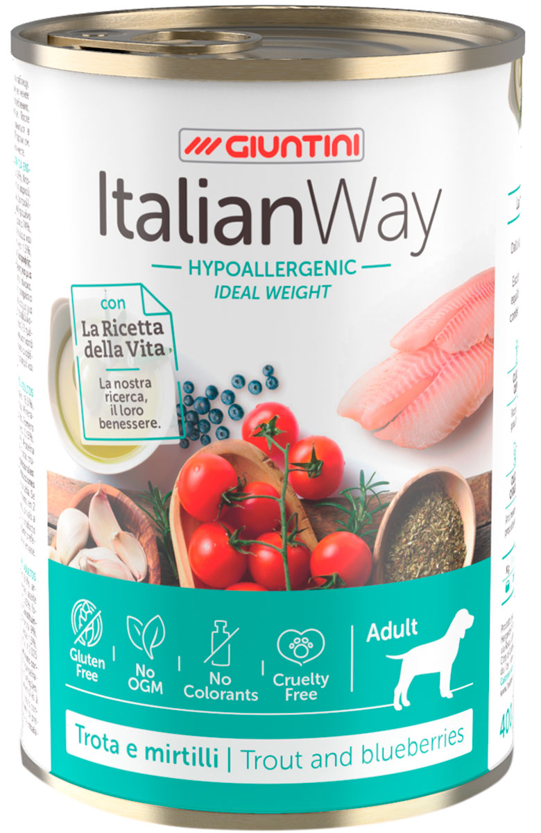 

Italian Way Dog Adult Hypoallergenic Ideal Weight безглютеновые диетические для взрослых собак с форелью и лососем (150 гр)