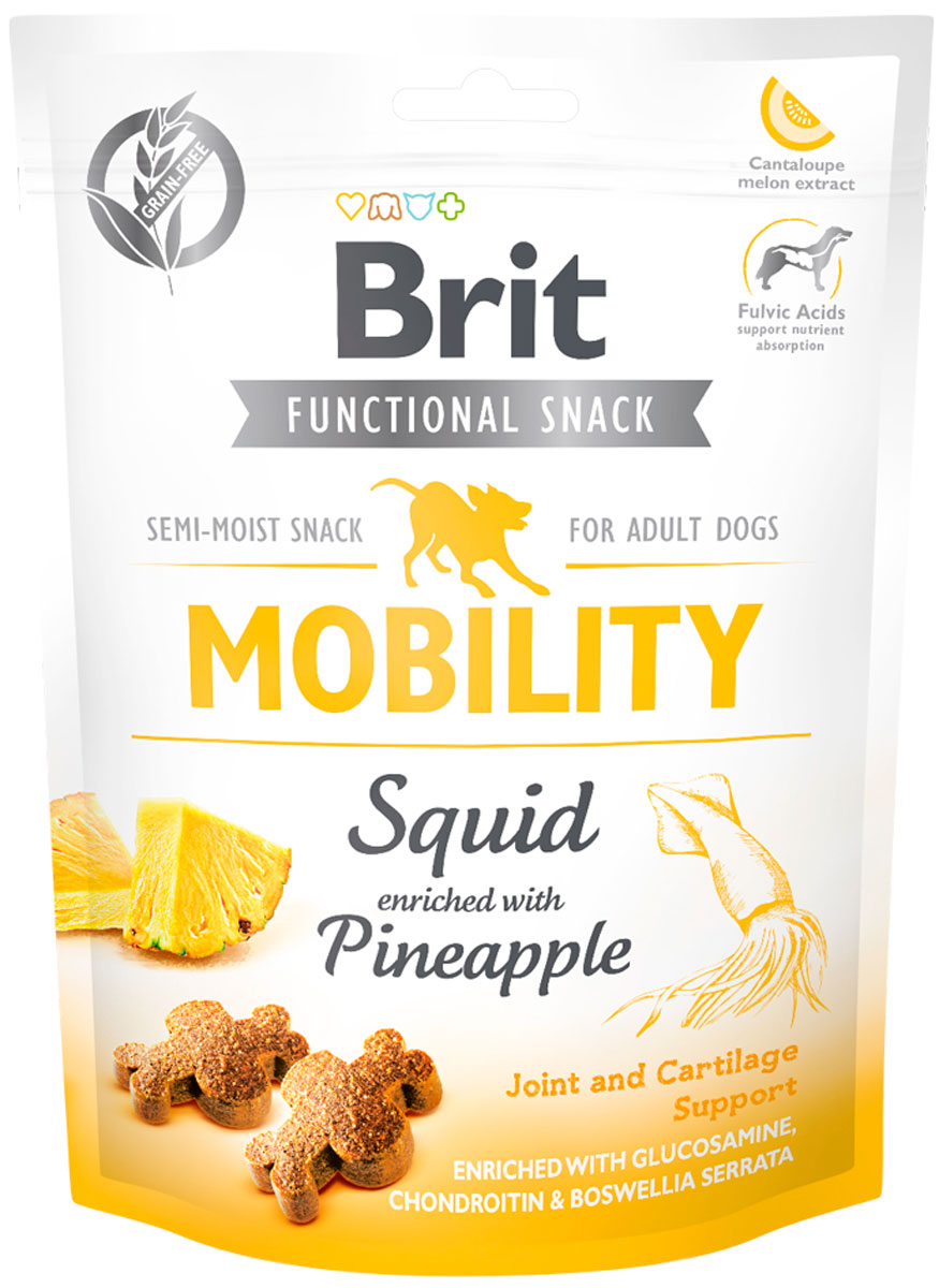 

Лакомство Brit Care Mobility Squid для взрослых собак для поддержания здоровья суставов с кальмаром и ананасом (150 гр)