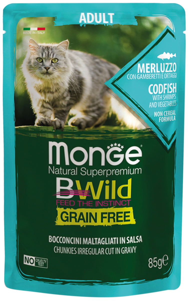 

Monge Bwild Grain Free Cat беззерновые для взрослых кошек с треской, креветками и овощами в соусе (85 гр х 28 шт)