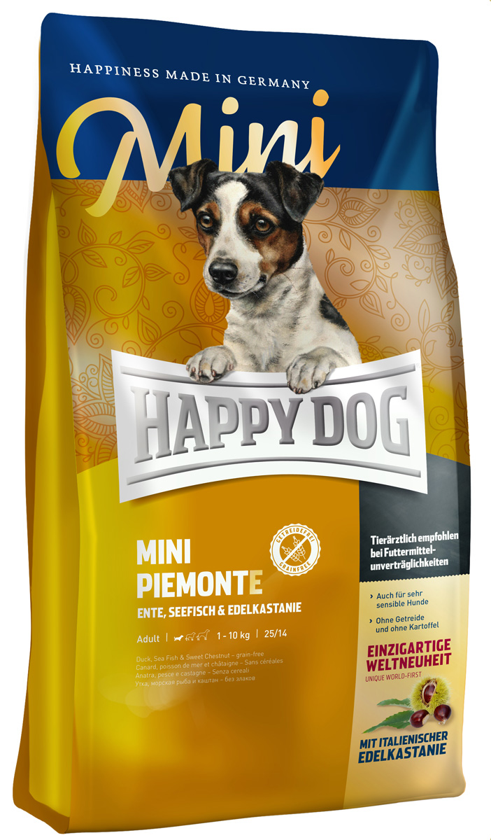 

Happy Dog Supreme Mini Piemonte Sensible Nutrition для взрослых собак маленьких пород при аллергии с уткой, морской рыбой и каштанами (0,3 кг)