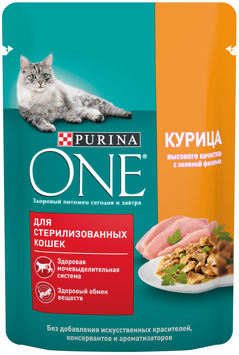 

Purina One для взрослых кастрированных котов и стерилизованных кошек с курицей и зелеными бобами (75 гр х 26 шт)