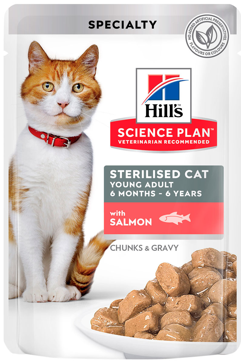 

Hill’s Science Plan Young Adult Sterilised Cat Salmon для взрослых кастрированных котов и стерилизованных кошек с лососем в соусе (85 гр)