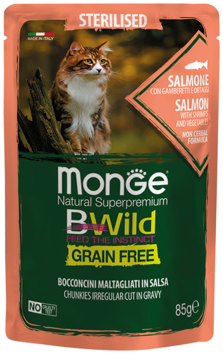 

Monge Bwild Grain Free Cat Sterilised беззерновые для взрослых кастрированных котов и стерилизованных кошек с лососем, креветками и овощами в соусе (85 гр х 28 шт)