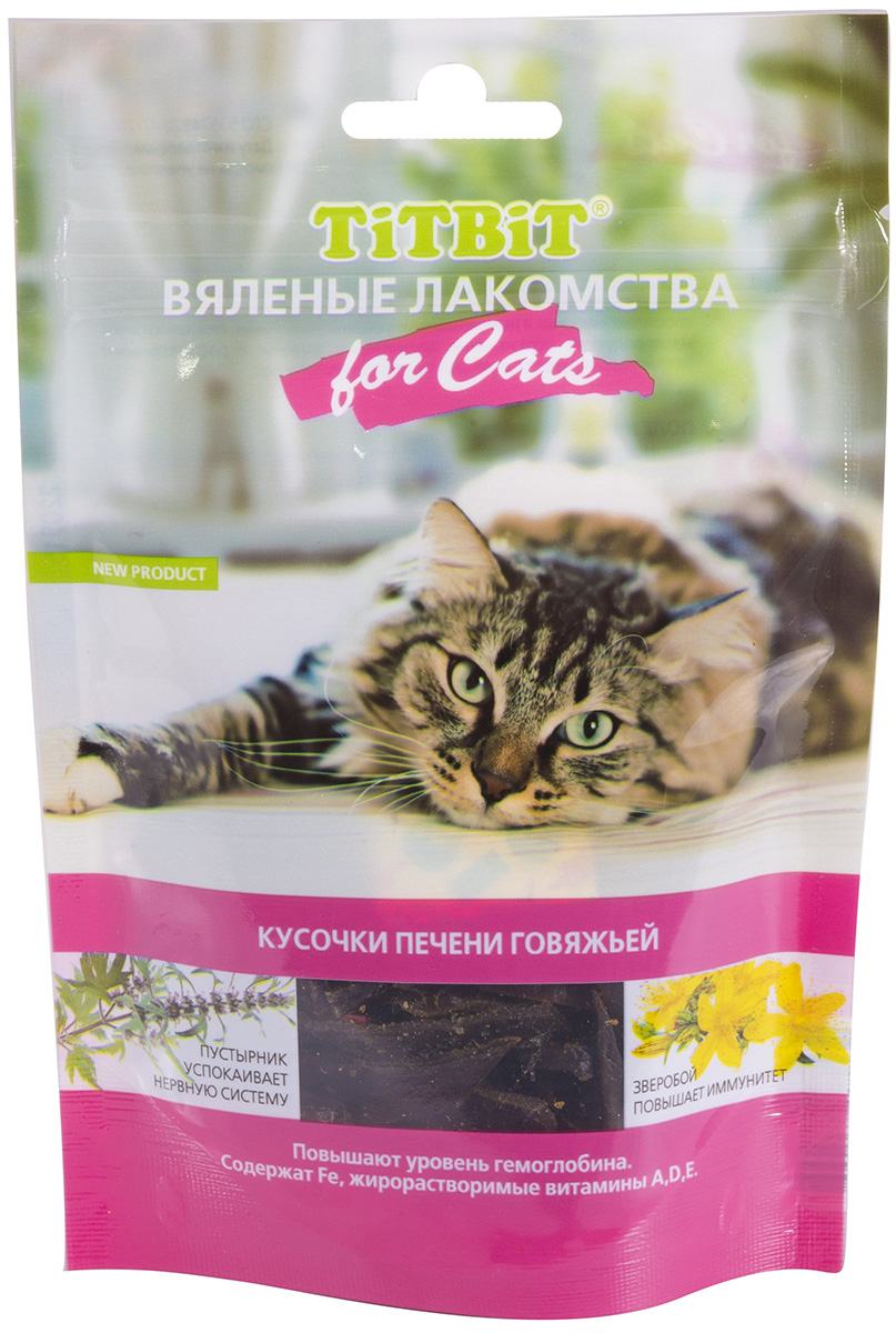 

Лакомство Tit Bit для кошек вяленые кусочки печени говяжьей (60 гр)