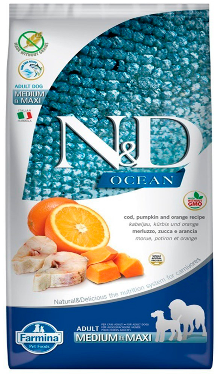 

Farmina Dog N&d Ocean Adult Medium & Maxi Codfish Pumpkin & Orange беззерновой для взрослых собак средних и крупных пород с треской, тыквой и апельсином (12 кг)
