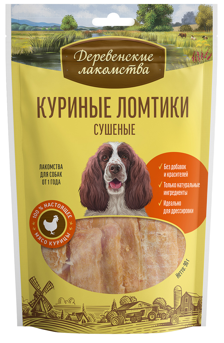 

Лакомства деревенские для собак куриные ломтики сушеные (90 гр)
