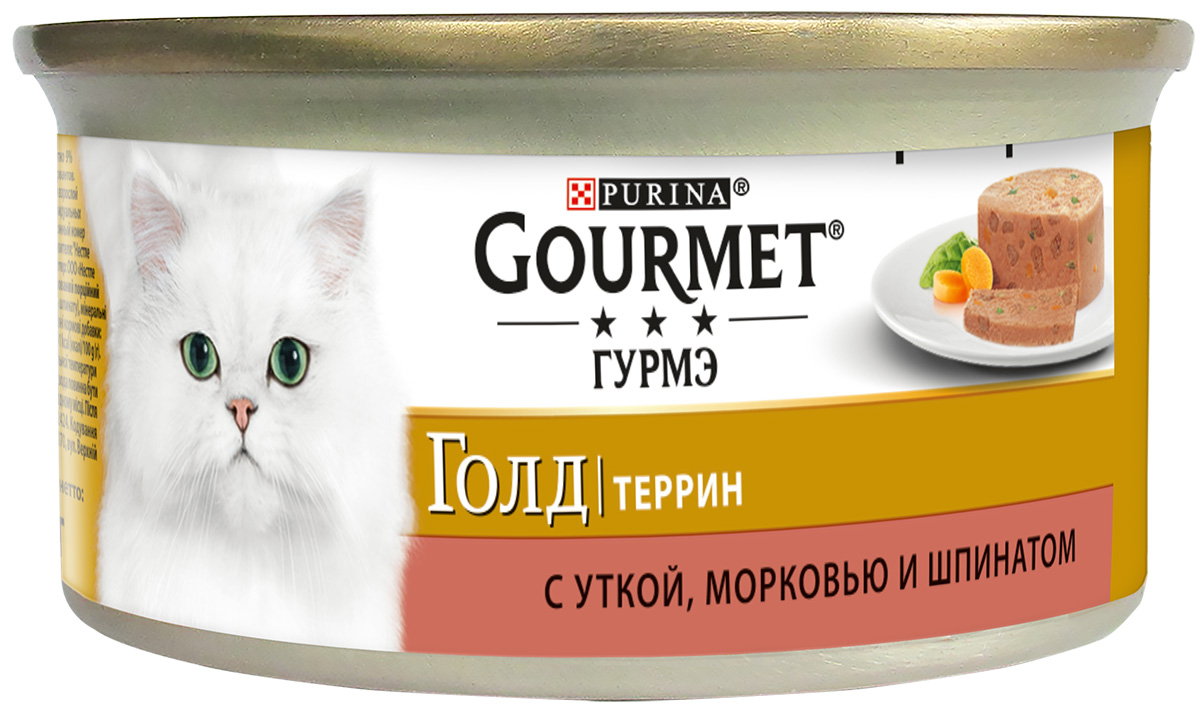 

Gourmet Gold террин для взрослых кошек с уткой, морковью и шпинатом по-французски в паштете (85 гр)