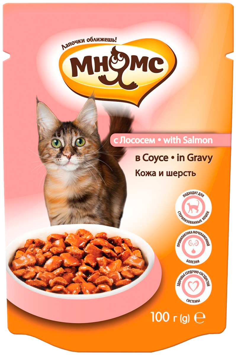 

мнямс кожа и шерсть для взрослых кошек с лососем в соусе (100 гр)