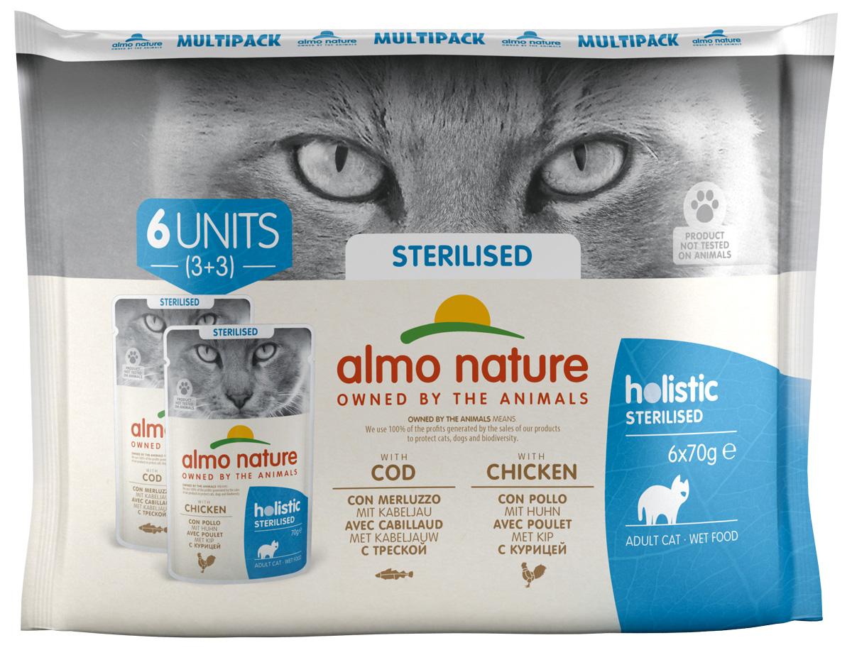 

Almo Nature Cat Daily Functional Multipac Sterilised набор паучей для кастрированных котов и стерилизованных кошек с треской и курицей 6 шт х 70 гр (1 шт)