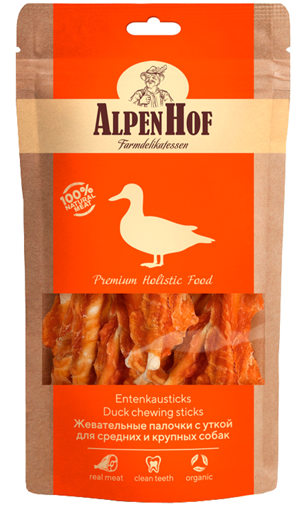 Лакомство AlpenHof для собак средних и крупных пород палочки жевательные с уткой 80 гр (1 уп)