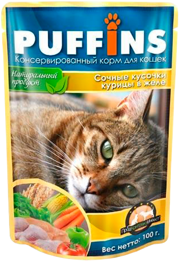 

Puffins для взрослых кошек сочные кусочки с курицей в желе (100 гр х 24 шт)