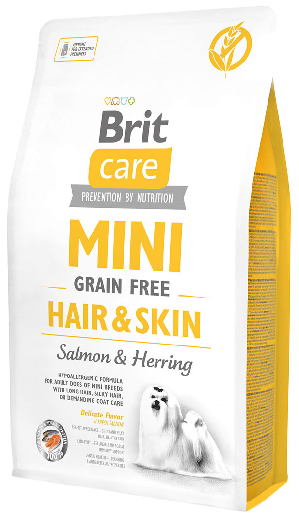 

Brit Care Mini Grain Free Hair & Skin беззерновой для взрослых собак маленьких пород при аллергии с лососем и сельдью (2 кг)