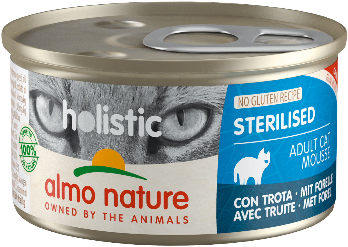 

Almo Nature Cat Holistic Sterilised безглютеновые для взрослых кастрированных котов и стерилизованных кошек мусс с форелью (85 гр)