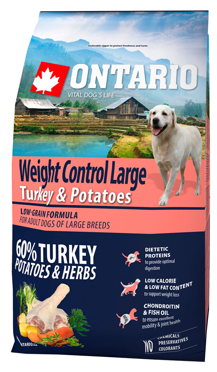 

Ontario Dog Adult Large Weight Control Turkey & Potatoes низкозерновой диетический для взрослых собак крупных пород с индейкой и картофелем (2,25 кг)