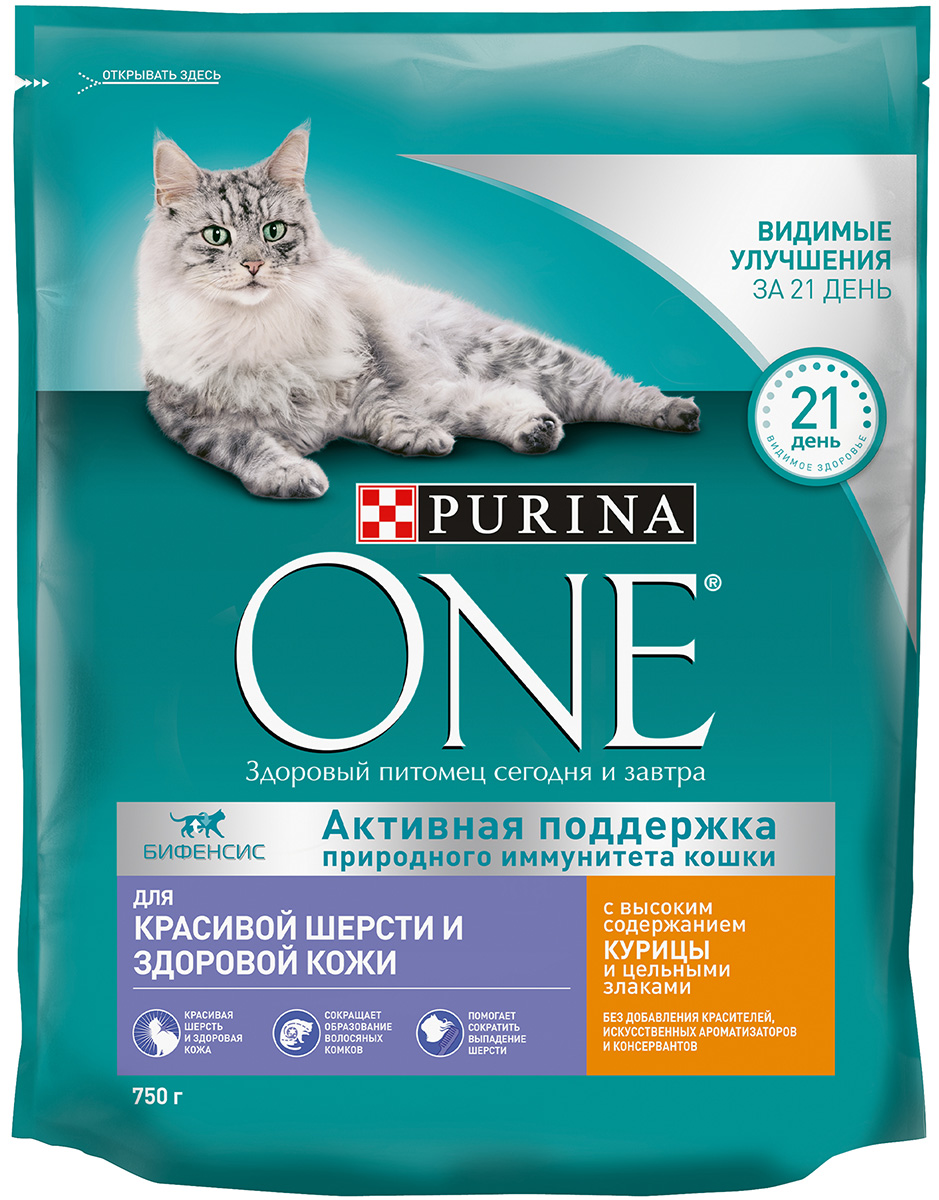 

Purina One для взрослых кошек с чувствительной кожей и шерстью с курицей и злаками (0,75 кг)