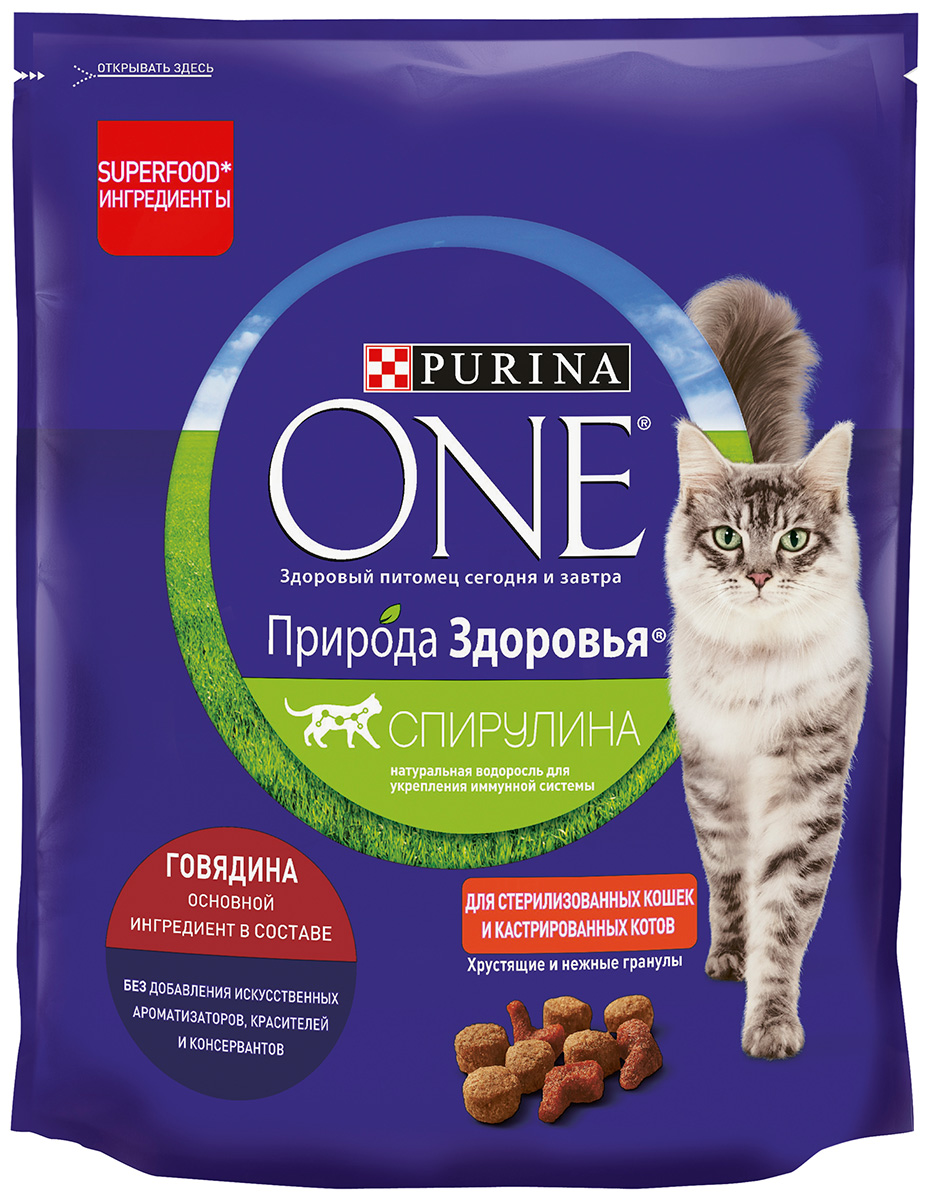 

Purina One природа здоровья для взрослых кастрированных котов и стерилизованных кошек с говядиной (0,18 кг)