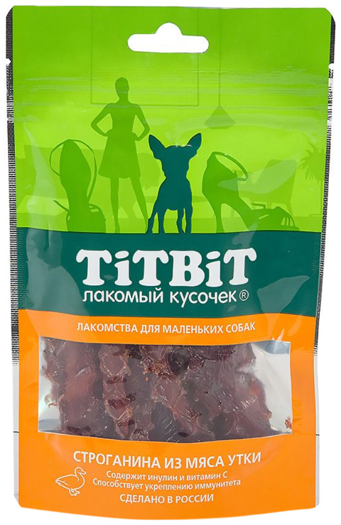 

Лакомство Tit Bit лакомый кусочек для собак маленьких пород строганина из мяса утки (50 гр)