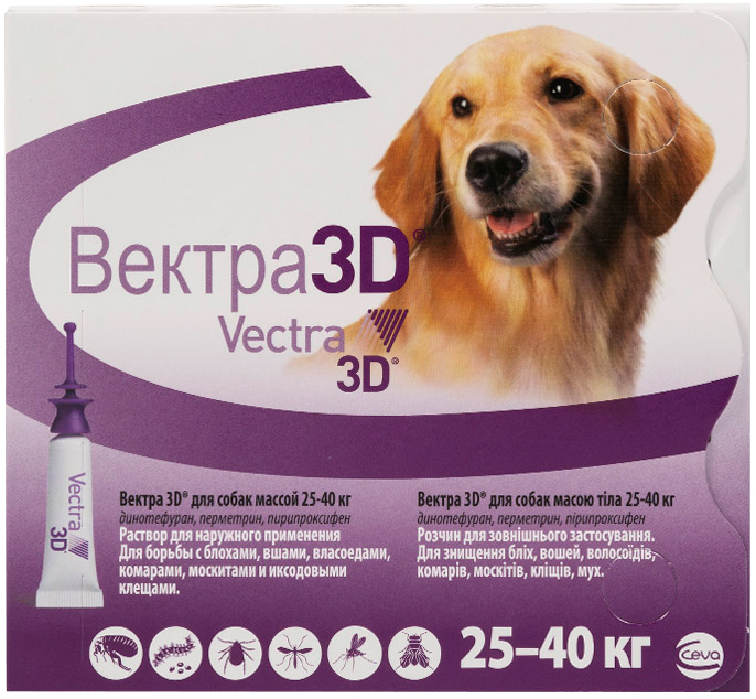 

вектра 3d - капли для собак против клещей, блох и комаров от 25 до 40 кг Ceva (1 уп)