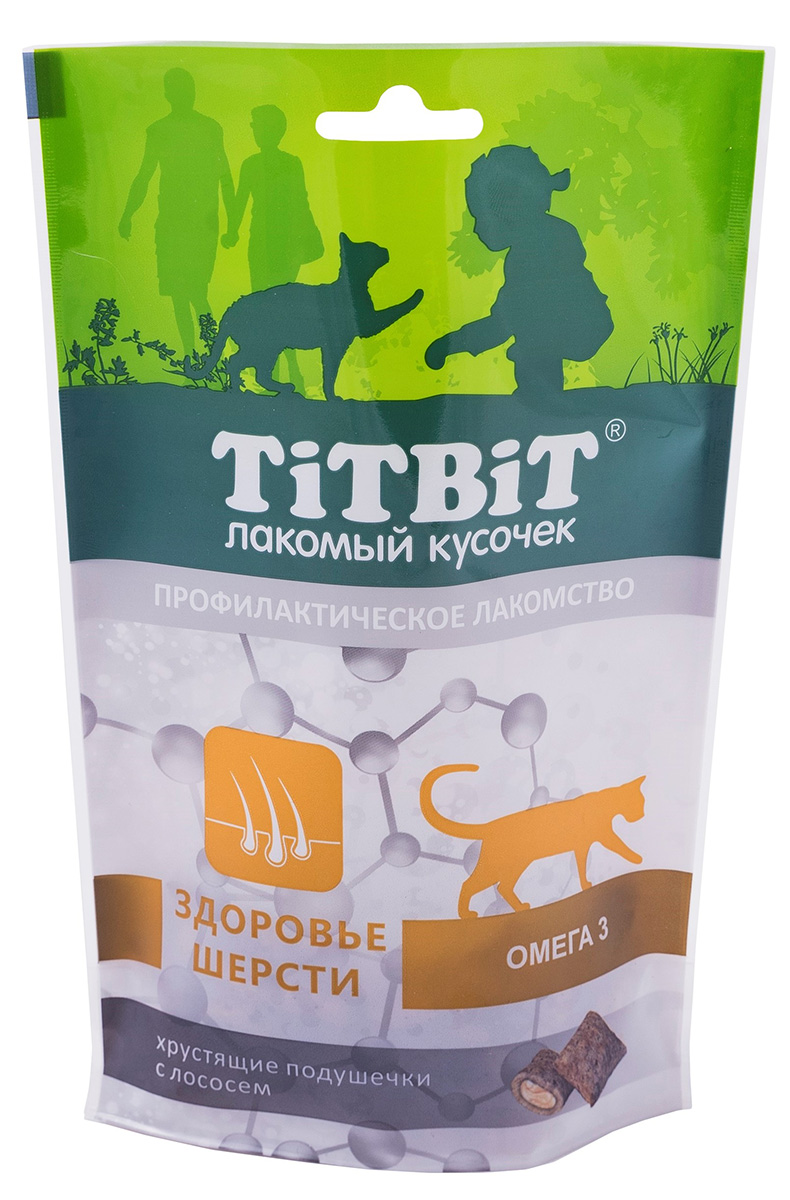 

Лакомство Tit Bit для кошек хрустящие подушечки с лососем для здоровья шерсти (60 гр)