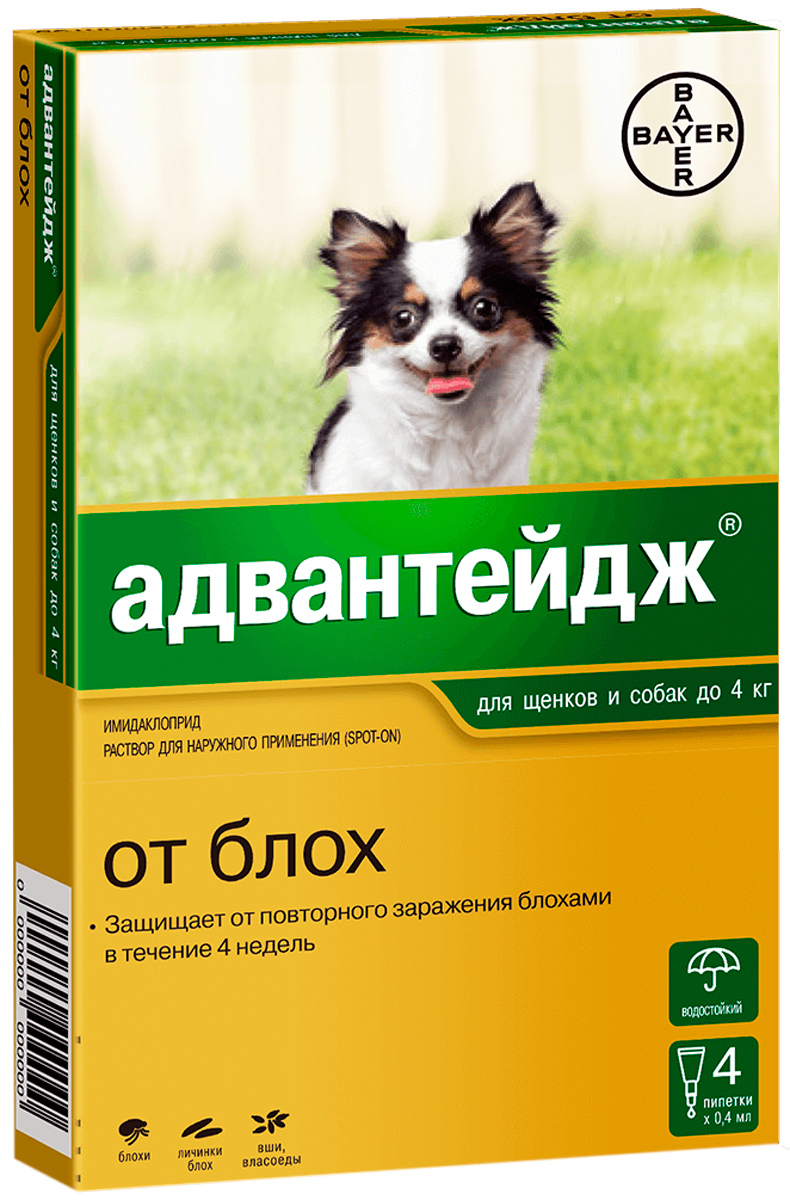 

Advantage капли для собак весом до 4 кг против блох, вшей, власоедов 4 пипетки по 0,4 мл Bayer (1 уп)