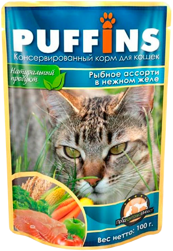 

Puffins для взрослых кошек с рыбным ассорти в нежном желе (100 гр х 24 шт)