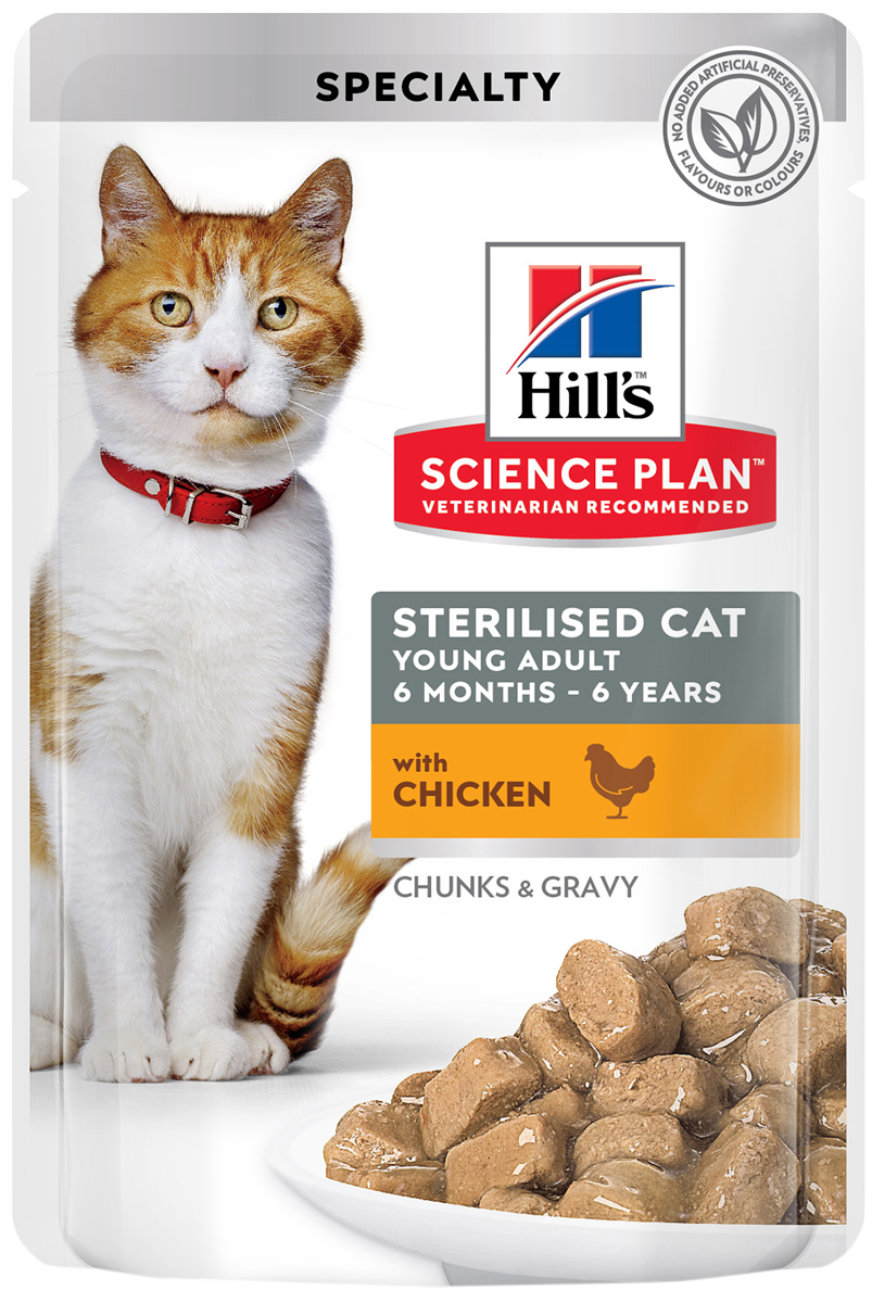 

Hill’s Science Plan Young Adult Sterilised Cat Chicken для взрослых кастрированных котов и стерилизованных кошек с курицей в соусе (85 гр х 12 шт)