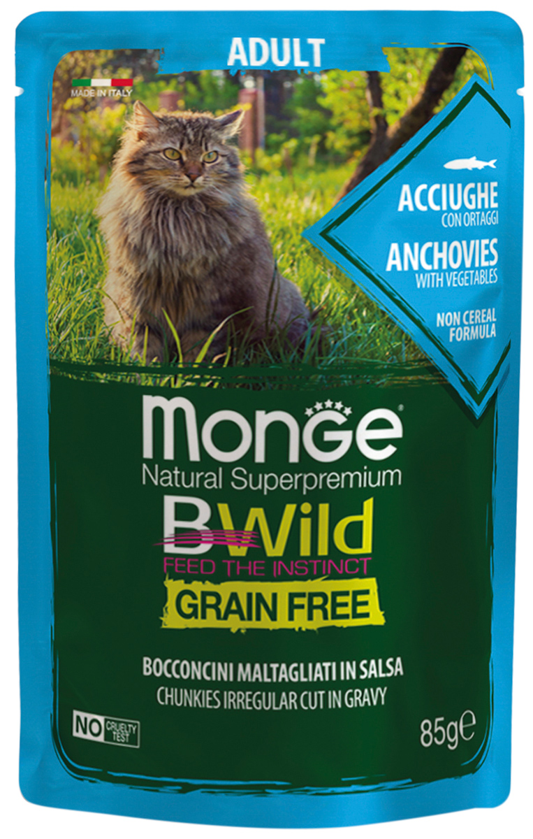 

Monge Bwild Grain Free Cat беззерновые для взрослых кошек с анчоусами и овощами в соусе (85 гр х 28 шт)