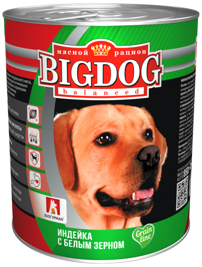 

зоогурман Big Dog для взрослых собак с индейкой и белым зерном (850 гр х 9 шт)