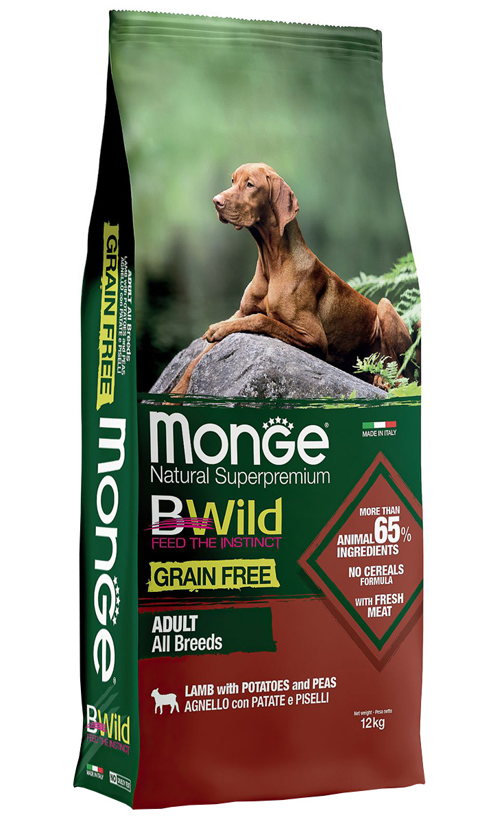 

Monge Bwild Grain Free Dog Adult All Breeds Lamb беззерновой для взрослых собак всех пород с ягненком, горохом и картофелем (12 кг)