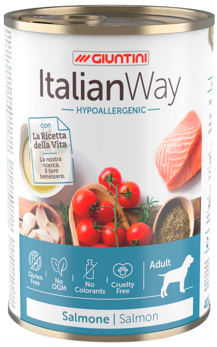 

Italian Way Dog Adult Hypoallergenic безглютеновые гипоаллергенные для взрослых собак всех пород с чувствительной кожей с лососем, томатами и рисом (150 гр х 24 шт)