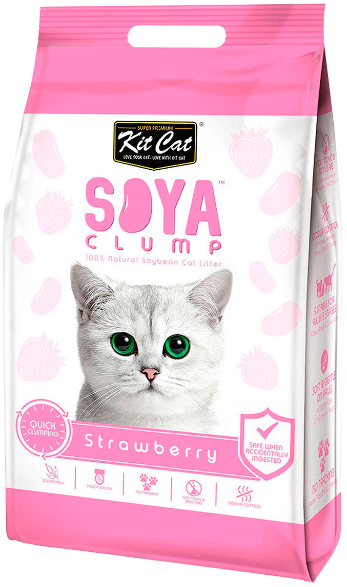 

Kit Cat Soya Clump Strawberry наполнитель соевый биоразлагаемый комкующийся для туалета кошек с ароматом клубники (14 + 14 л)