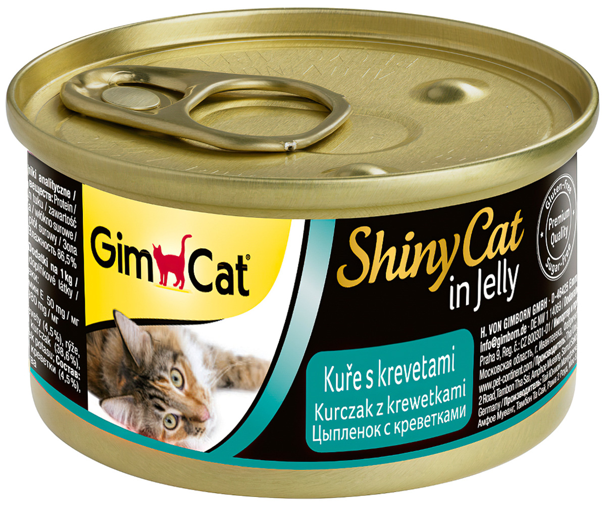 

Gimcat Shinycat для взрослых кошек с курицей и креветками в желе (70 гр)