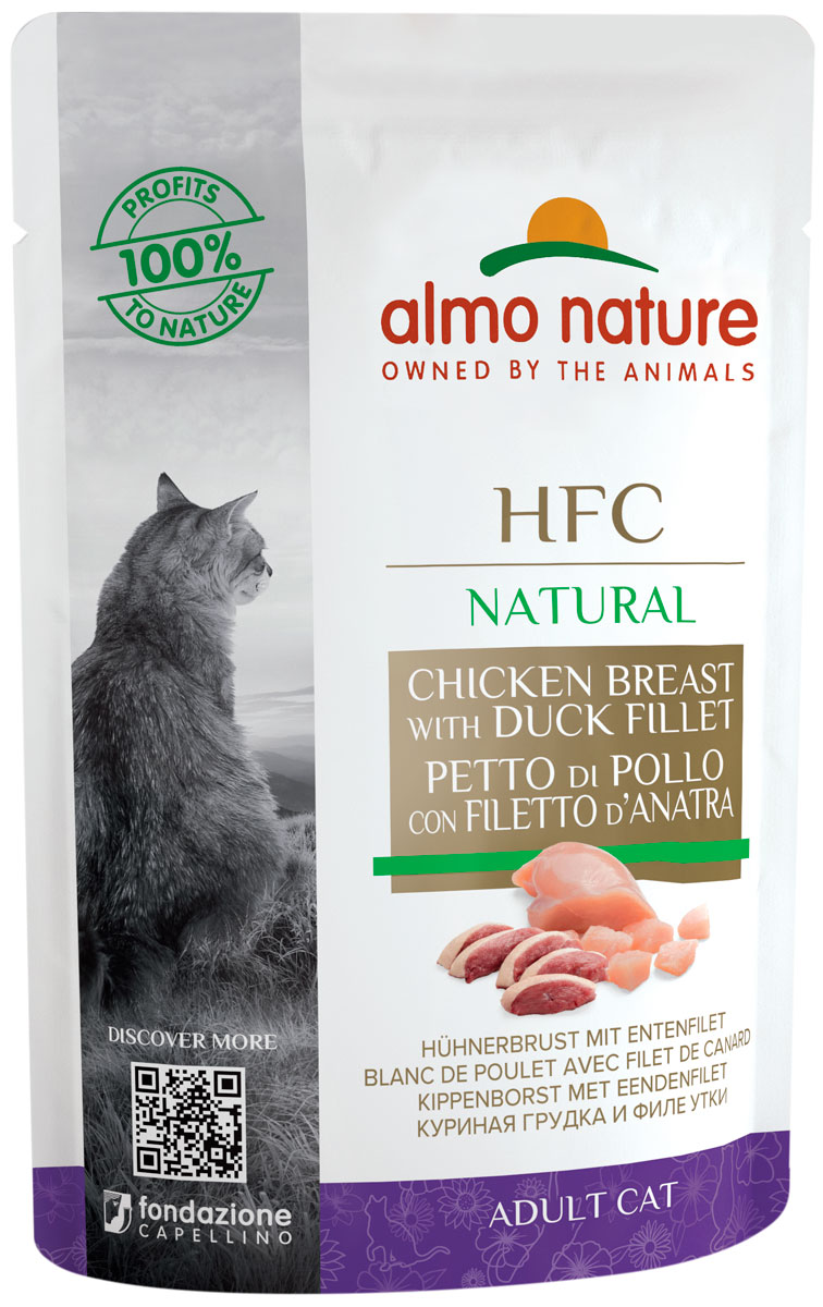 

Almo Nature Cat Hfc Natural для взрослых кошек с куриной грудкой и утиным филе (55 гр)