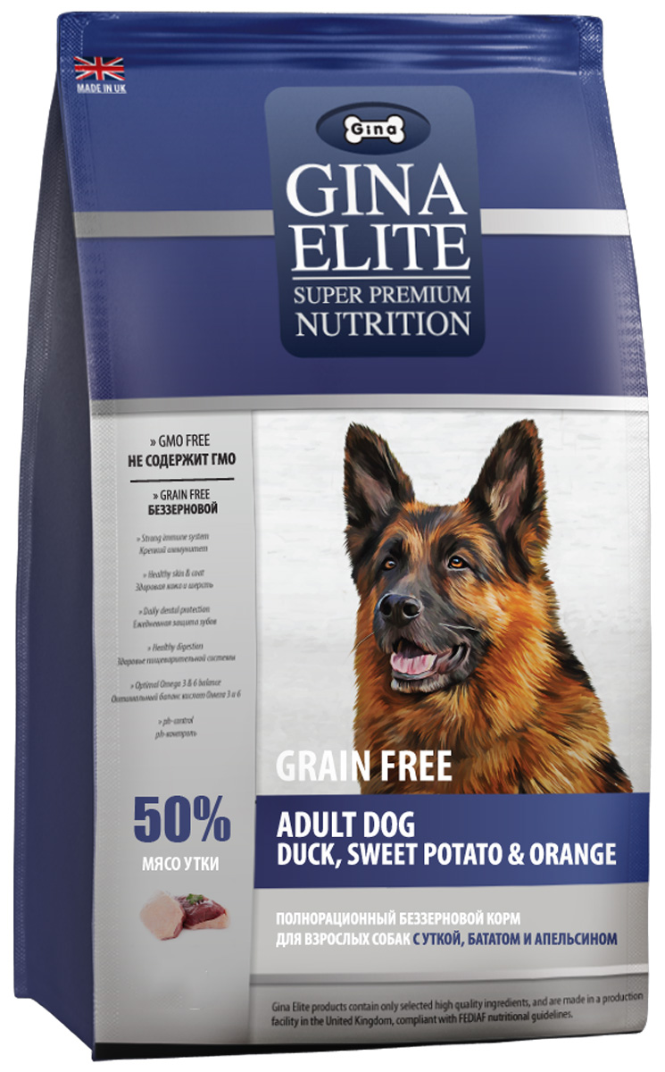 

Gina Elite Grain Free Adult Dog Duck, Sweet Potato & Orange беззерновой для взрослых собак с уткой, бататом и апельсином (15 кг)