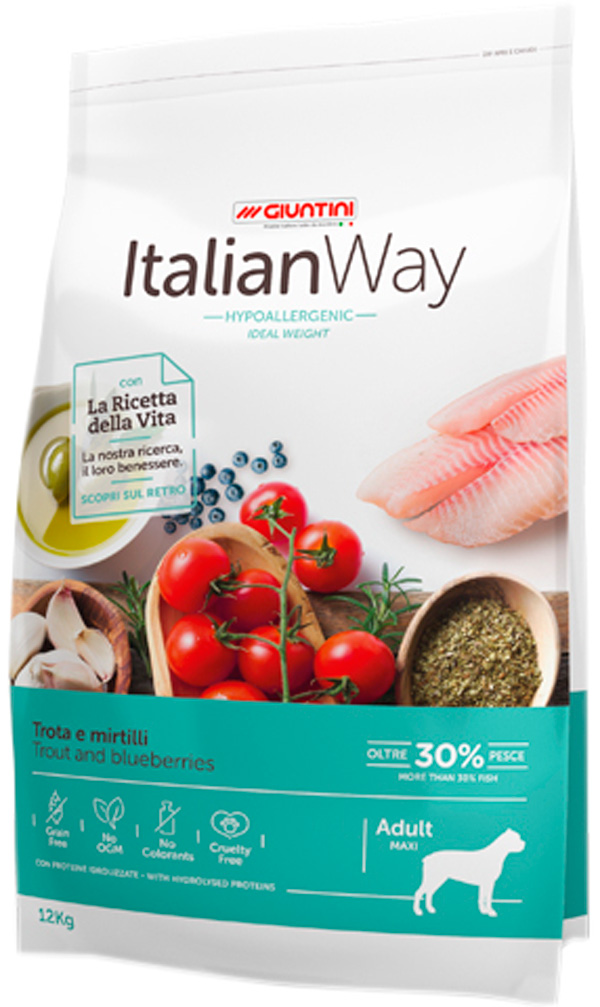 

Italian Way Dog Adult Maxi Hypoallergenic Ideal Weight беззерновой гипоаллергенный диетический для взрослых собак крупных пород с форелью и черникой (12 кг)