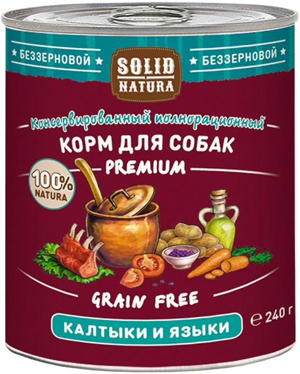 

Solid Natura Premium беззерновые для взрослых собак с калтыками и языками (240 гр)