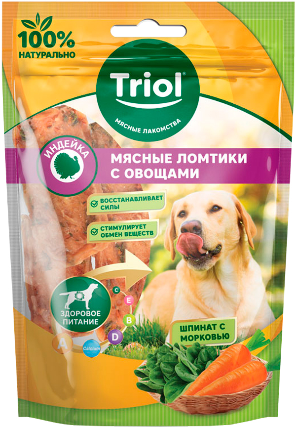 

Лакомство Triol для собак ломтики мясные с индейкой, морковью и шпинатом 70 гр (1 шт)