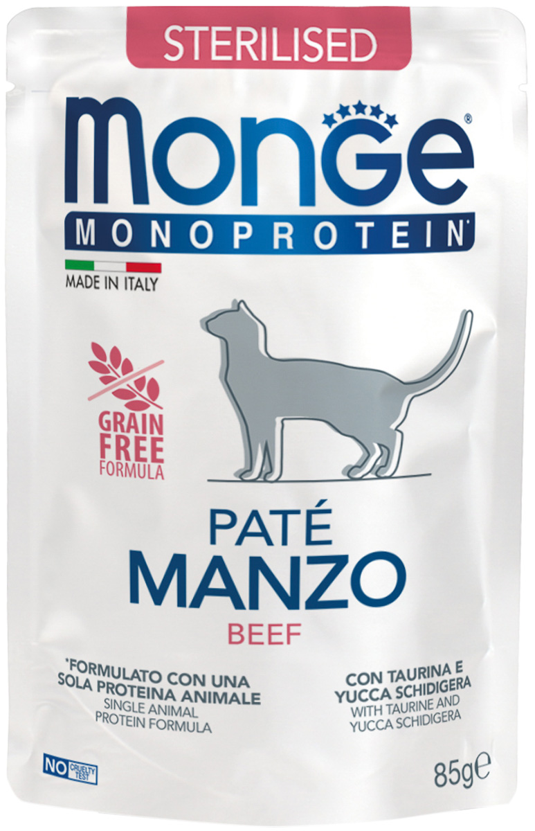

Monge Monoprotein Cat Sterilised монобелковые для взрослых кастрированных котов и стерилизованных кошек с говядиной (85 гр х 28 шт)