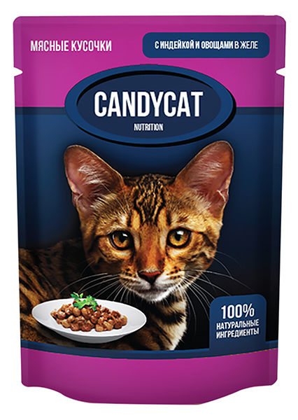 

Candycat для взрослых кошек с индейкой и овощами в желе (85 гр х 24 шт)