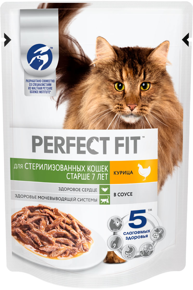 

Perfect Fit для пожилых кастрированных котов и стерилизованных кошек старше 7 лет с курицей в соусе (75 гр х 28 шт)