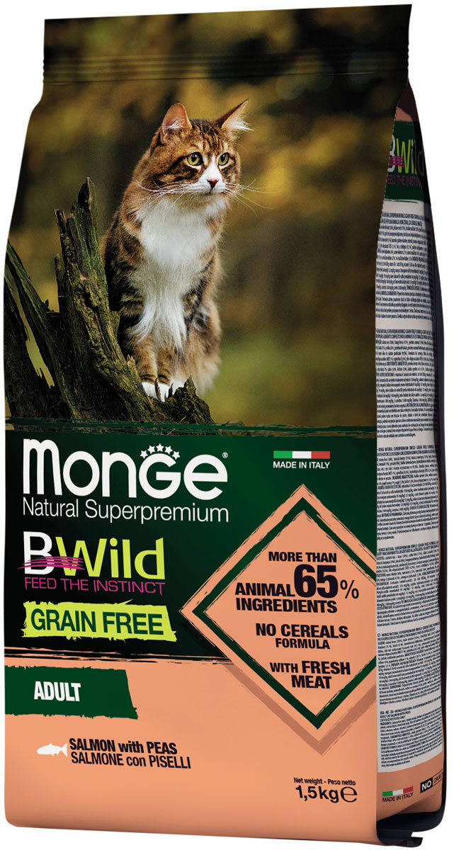 

Monge Bwild Grain Free Cat Adult Salmon беззерновой для взрослых кошек с лососем и горохом (1,5 кг)