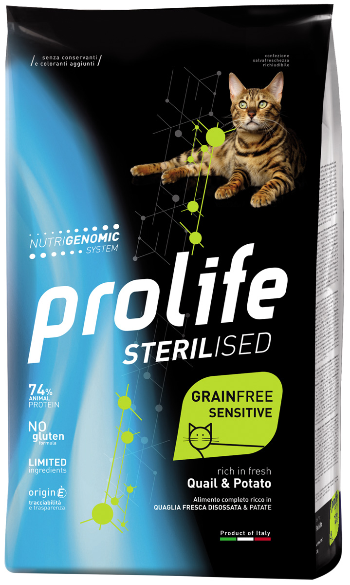 

Prolife Grain Free Sensitive Sterilised Quail & Potato беззерновой для привередливых взрослых кастрированных котов и стерилизованных кошек с чувствительным пищеварением с перепелкой и картофелем (0,4 кг)
