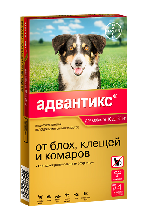 

Advantix 250c – Адвантикс капли для собак весом от 10 до 25 кг против клещей, блох, вшей, власоедов и других насекомых 1 пипетка по 2,5 мл Bayer (1 пипетка)