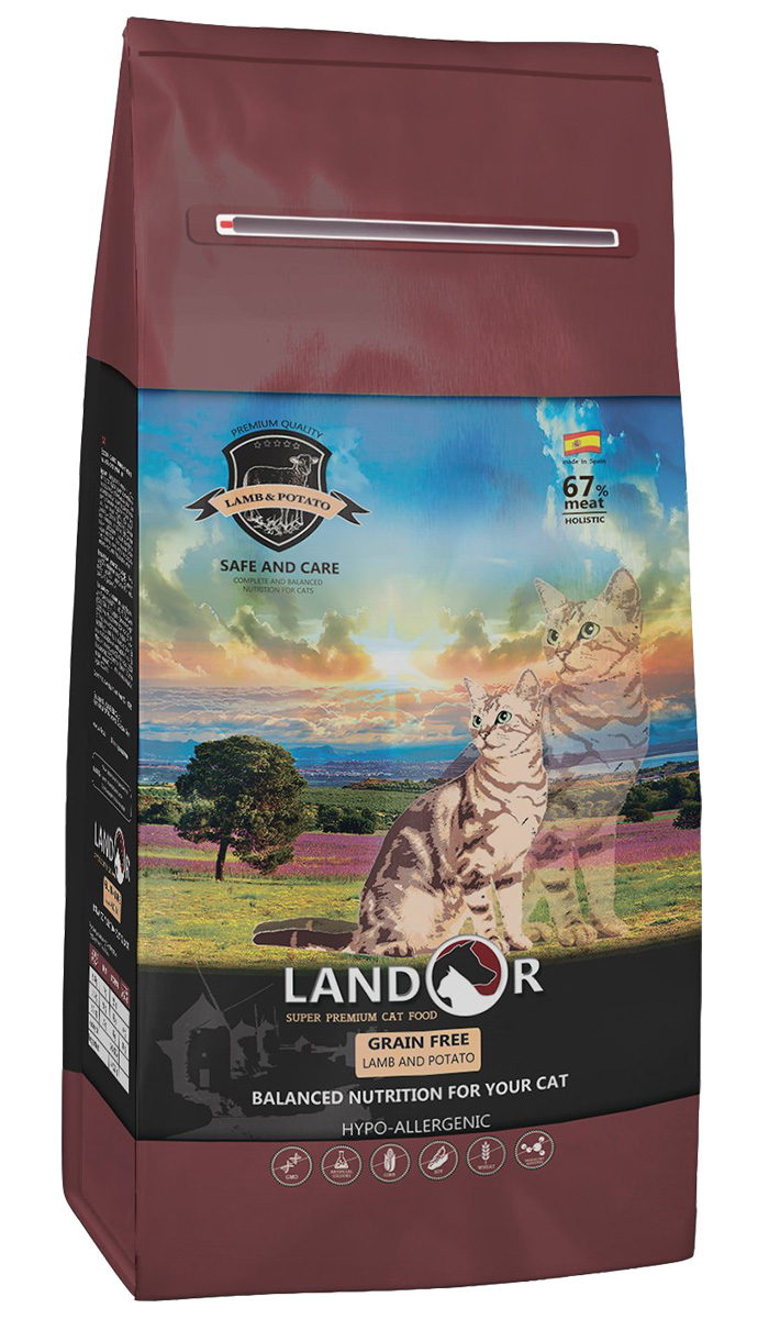 

Landor Cat Adult Grain Free Hairball & Weight Control беззерновой диетический для взрослых кошек для вывода шерсти с ягненком и бататом (10 кг)