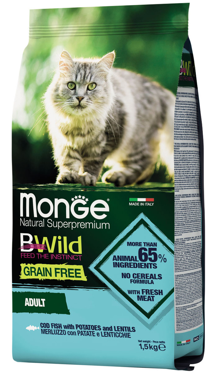 

Monge Bwild Grain Free Cat Adult Cod Fish беззерновой для взрослых кошек с треской, картофелем и чечевицей (1,5 кг)